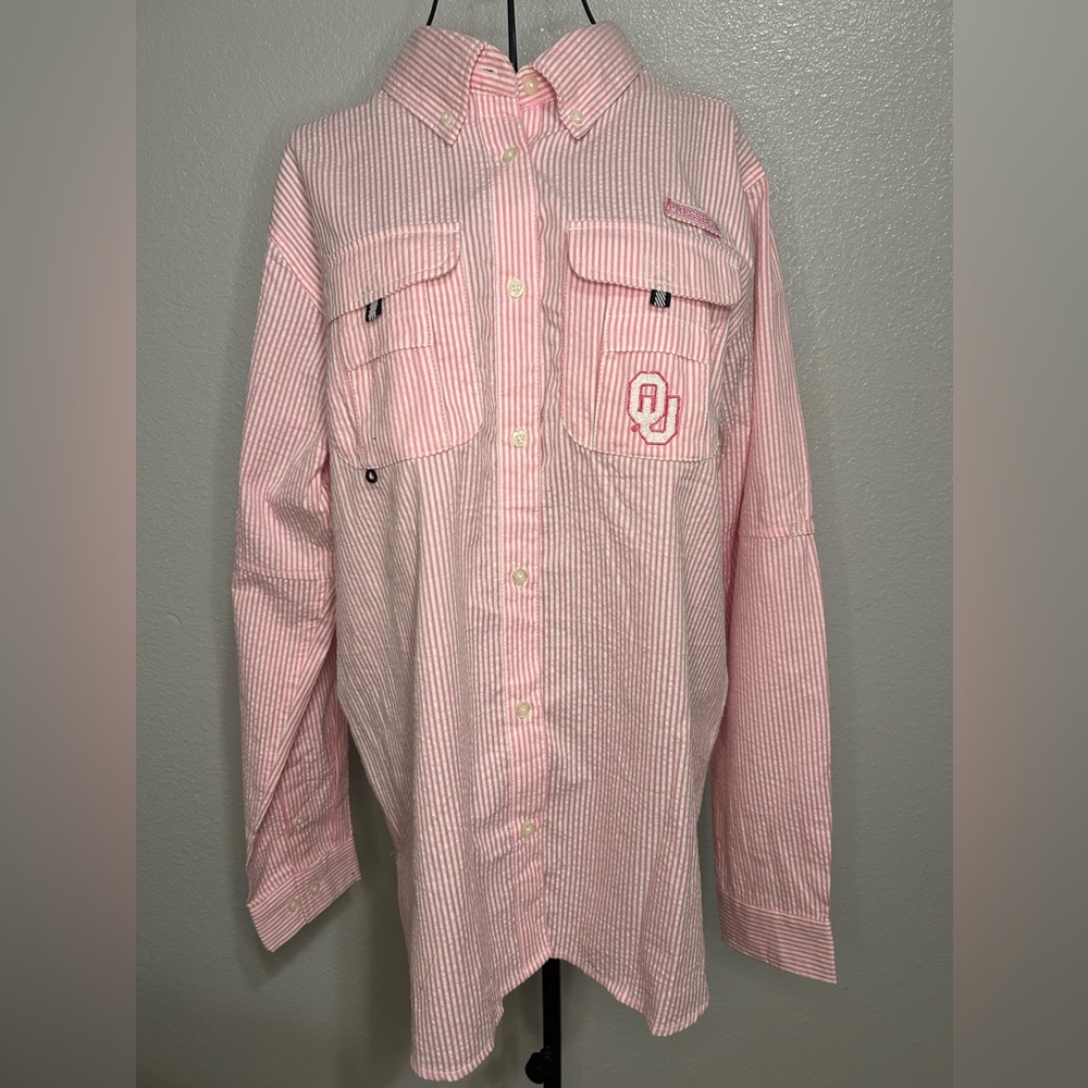 Pressbox Pink Striped Button Down Shirt | Women’s Size L | Stains – See Photos